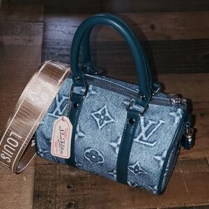 Washed Denim Monogram Speedy Bowler Mini Crossbody Handbag Purse Pocketbook New